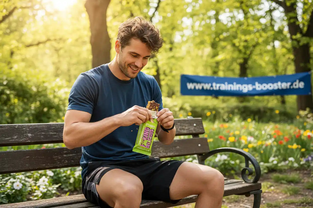 Mann genießt Proteinriegel im Park, ideal für Sport und Training