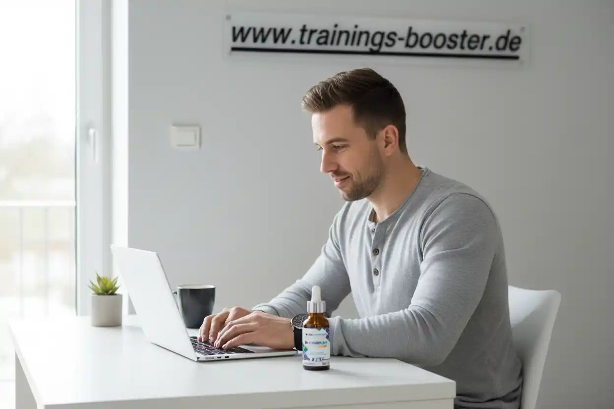 Mann am Laptop mit Nahrungsergänzungsmittel, Fatburner und Booster für Sportnahrung