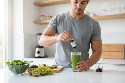 Mann fügt Nahrungsergänzungsmittel zu grünem Smoothie hinzu, um Fitness und Gesundheit zu fördern