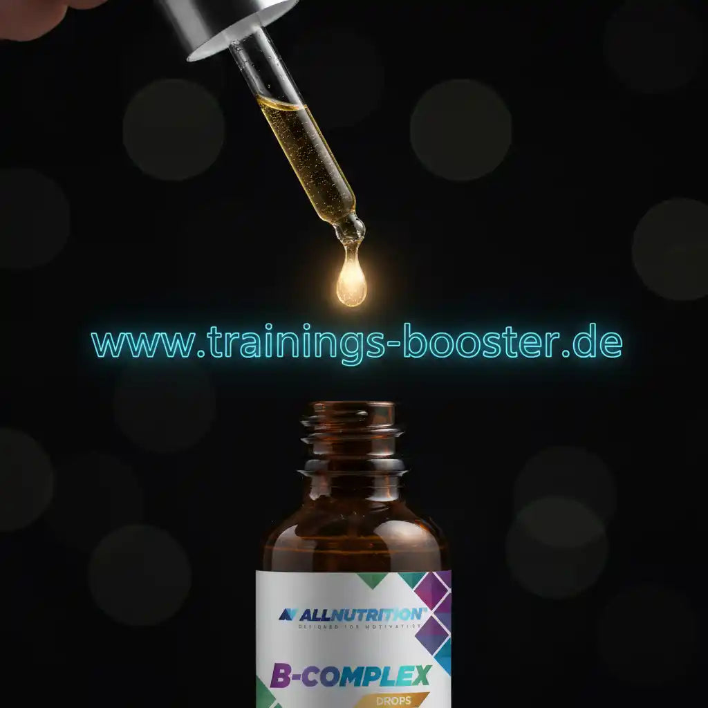 B-Complex Tropfen aus Glasflasche mit Pipette, goldene Flüssigkeit tropft, ideal für Sportler und Fitness
