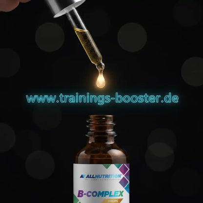 B-Complex Tropfen aus Glasflasche mit Pipette, goldene Flüssigkeit tropft, ideal für Sportler und Fitness