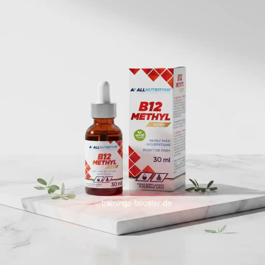 B12 Methyl Drops von AllNutrition, 30 ml Flasche mit Tropfverschluss und Verpackung auf Marmor