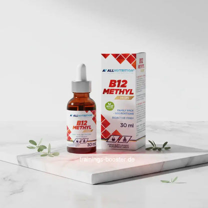 B12 Methyl Drops von AllNutrition, 30 ml Flasche mit Tropfverschluss und Verpackung auf Marmor