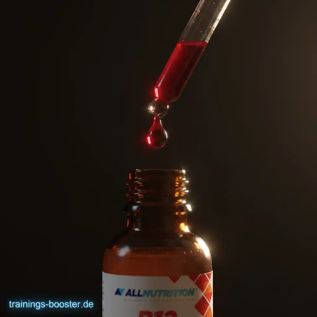 Rote Flüssigkeit tropft aus Pipette in AllNutrition B12-Flasche – Sportnahrung & Booster