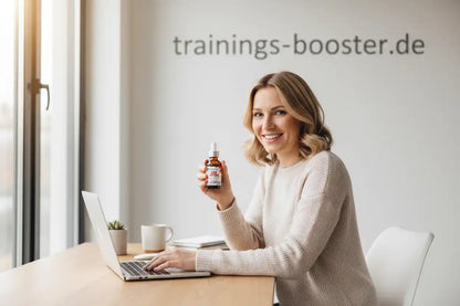 Frau mit Nahrungsergänzungsmittel-Tropfen vor Laptop, trainings-booster.de im Hintergrund