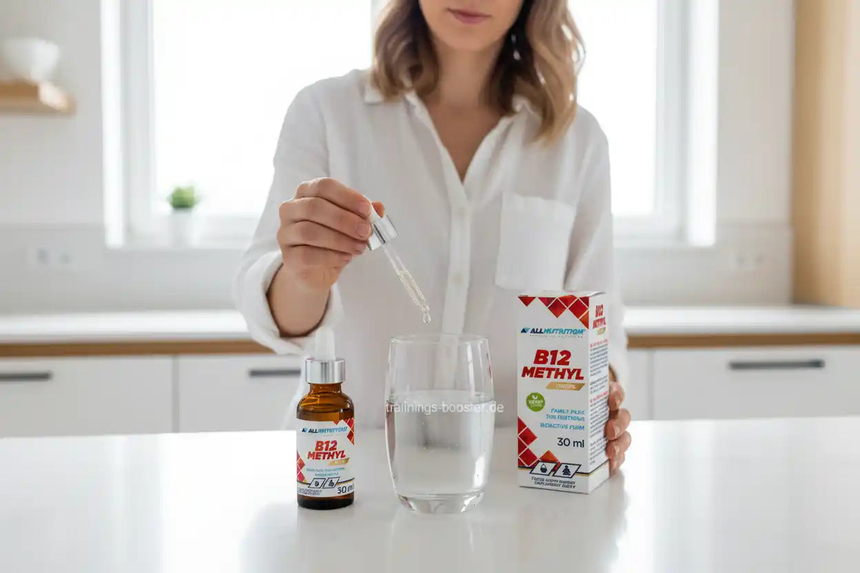 Frau gibt B12 Methyl Tropfen in Glas Wasser – Nahrungsergänzung für Energie & Training