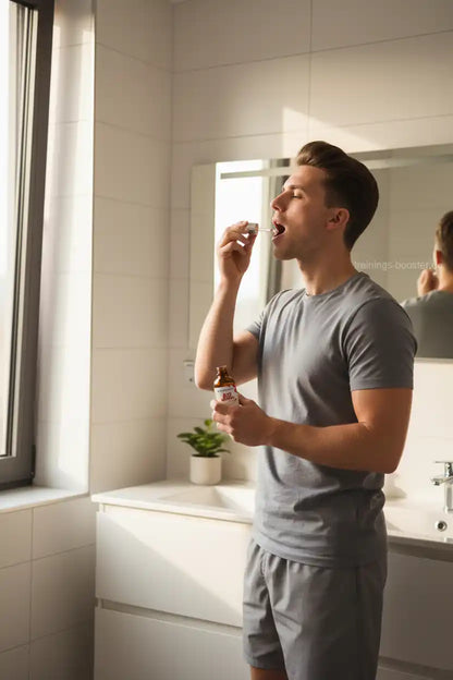 Mann nimmt Nahrungsergänzungsmittel aus Fläschchen im Badezimmer ein – ideal für Sportler und Fitness-Booster