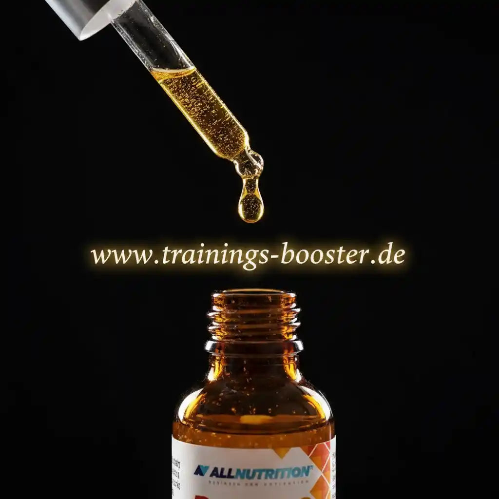 Goldene Tropfen aus Pipette in braune Flasche – Nahrungsergänzungsmittel für Sport und Training