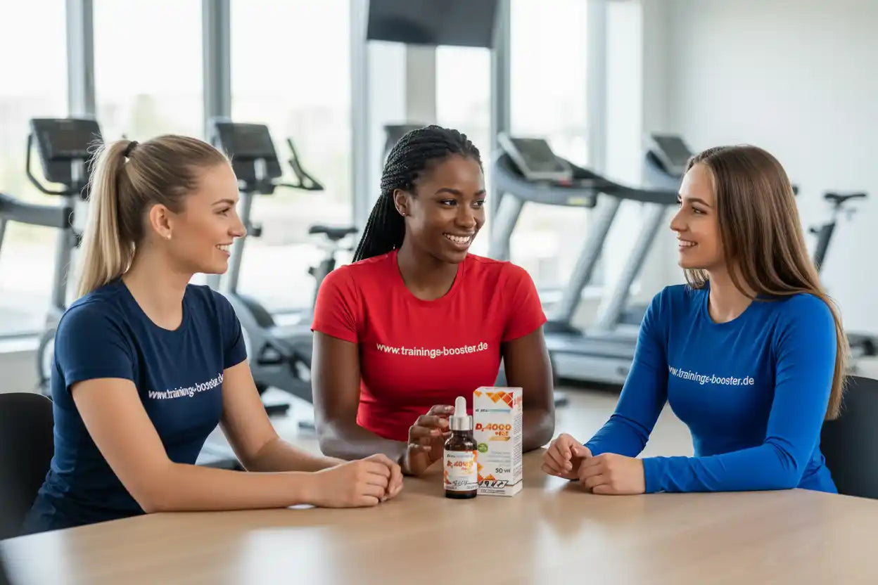 Drei Frauen im Fitnessstudio mit Nahrungsergänzungsmittel D4000+K2