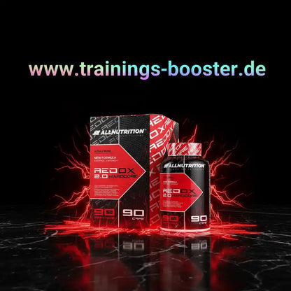 AllNutrition Redox 2.0 Hardcore Booster Kapseln mit rotem Blitz-Design auf schwarzem Hintergrund
