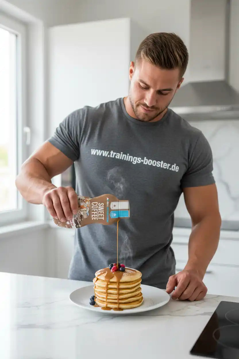 Muskulöser Mann gießt Süßer Kaffee-Sirup über Pancakes – ideal für Sportler & Fitness-Enthusiasten