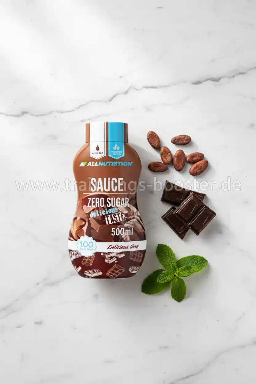 Zero Sugar Schokoladen-Sauce von AllNutrition, 500ml, mit Kakaobohnen und Minze auf Marmor