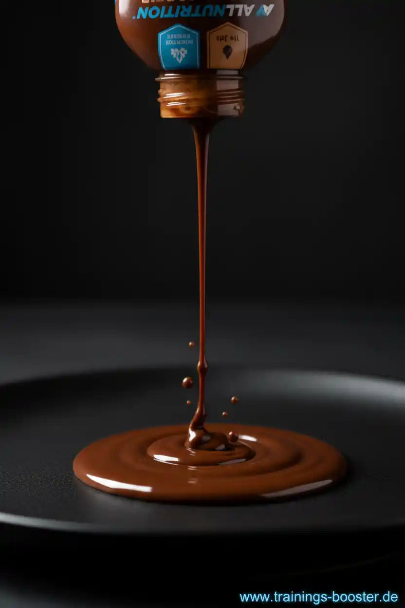 Schokoladen-Sauce aus AllNutrition-Flasche tropft auf schwarze Oberfläche, ideal für Sportnahrung & Booster