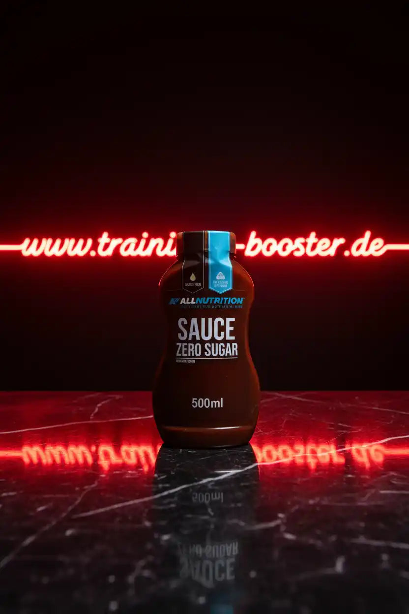 Zero Sugar Sauce 500ml von AllNutrition vor rotem Neonlicht