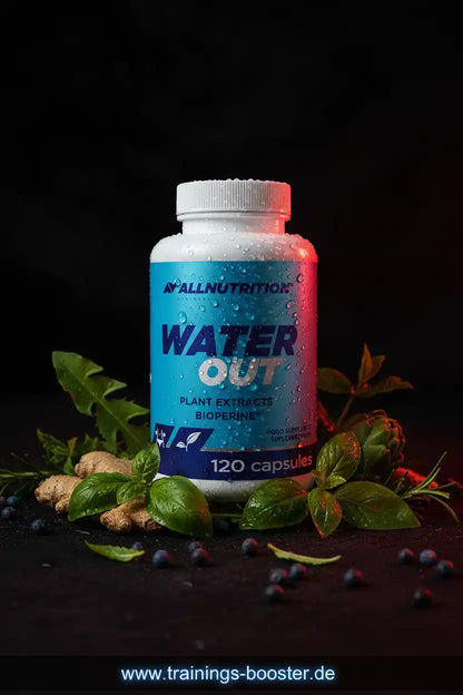 Wasser-Aus-Booster mit Pflanzenextrakten und Bioperin, 120 Kapseln, umgeben von frischen Kräutern und Beeren