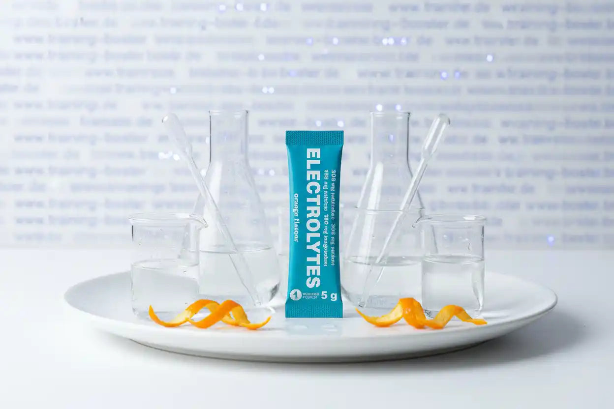 Elektrolyte-Booster in Orange-Geschmack mit Laborutensilien und Orangenschalen