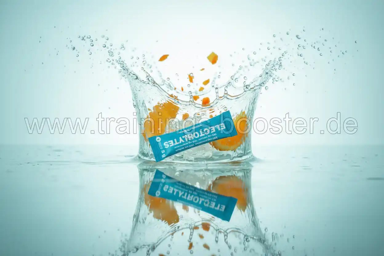 Elektrolyt-Booster in Wasser mit Orangensplittern, ideal für Sport und Training