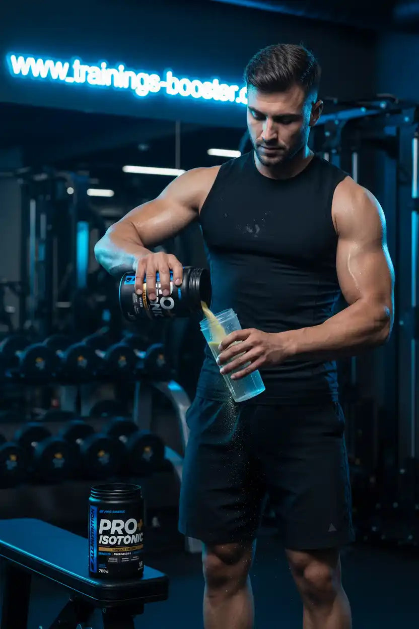 Muskulöser Mann gießt Proteinpulver in Shaker im Fitnessstudio – Sportnahrung & Booster