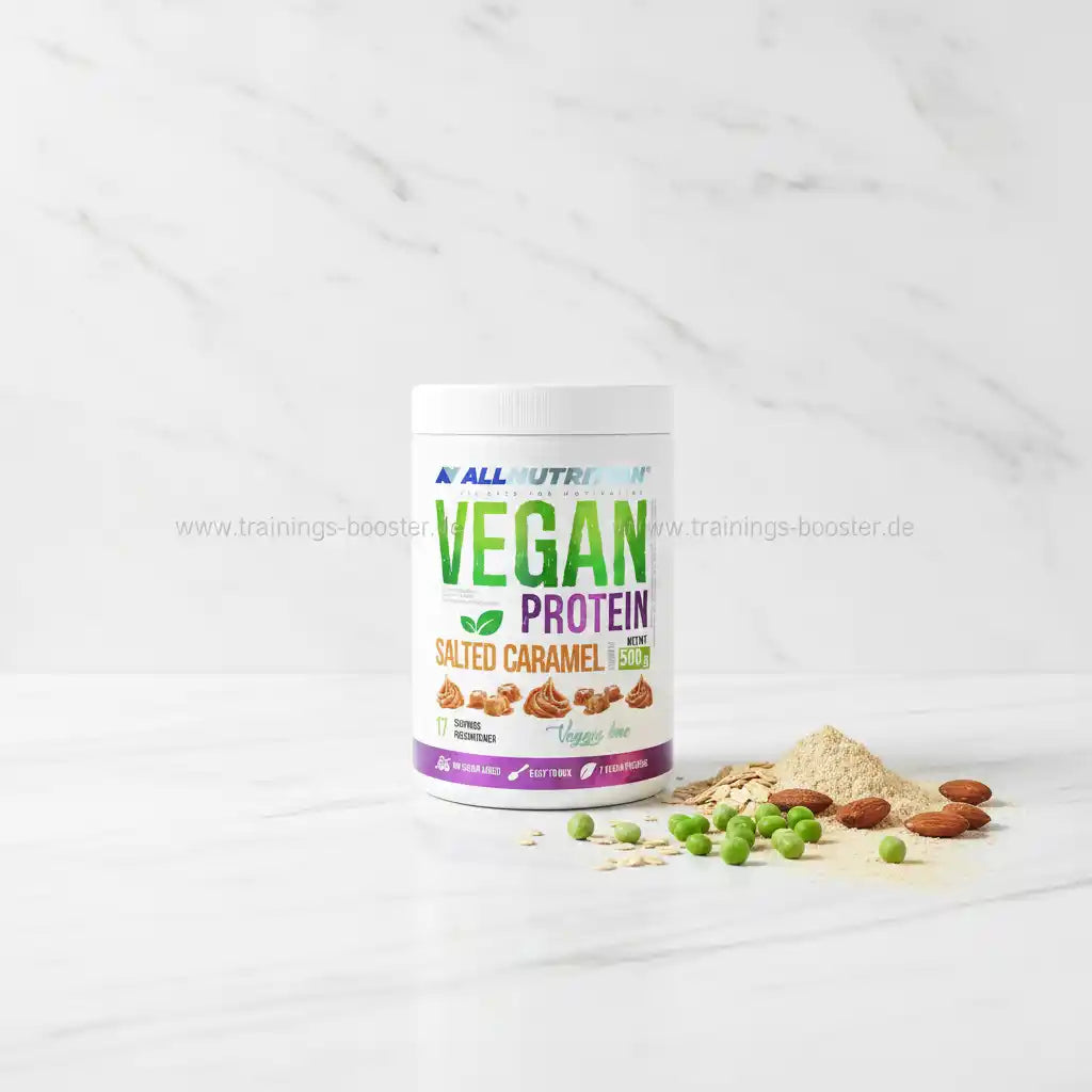 Vegan Protein Pulver Salted Caramel von AllNutrition mit Erbsen, Mandeln und Haferflocken