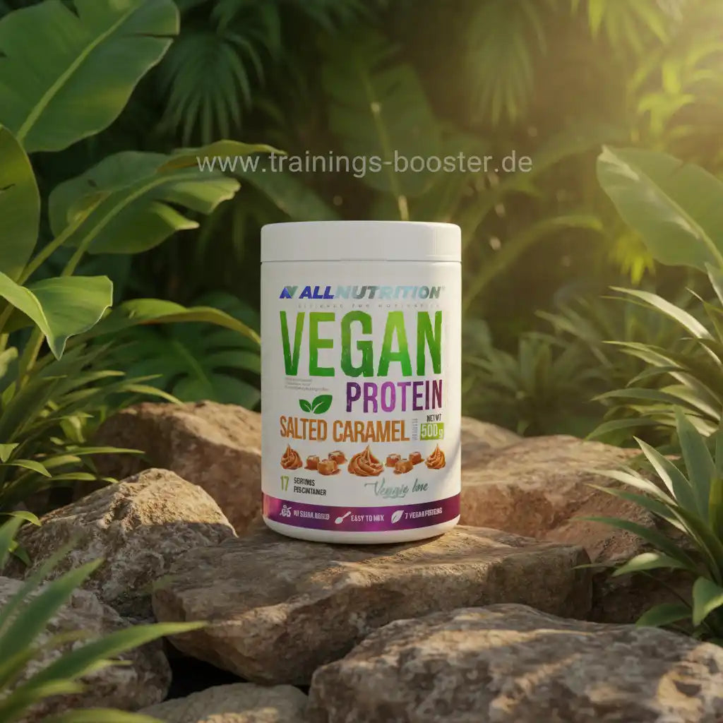 Vegan Protein Salted Caramel von AllNutrition, 500g Dose auf Felsen mit grüner Pflanzenkulisse