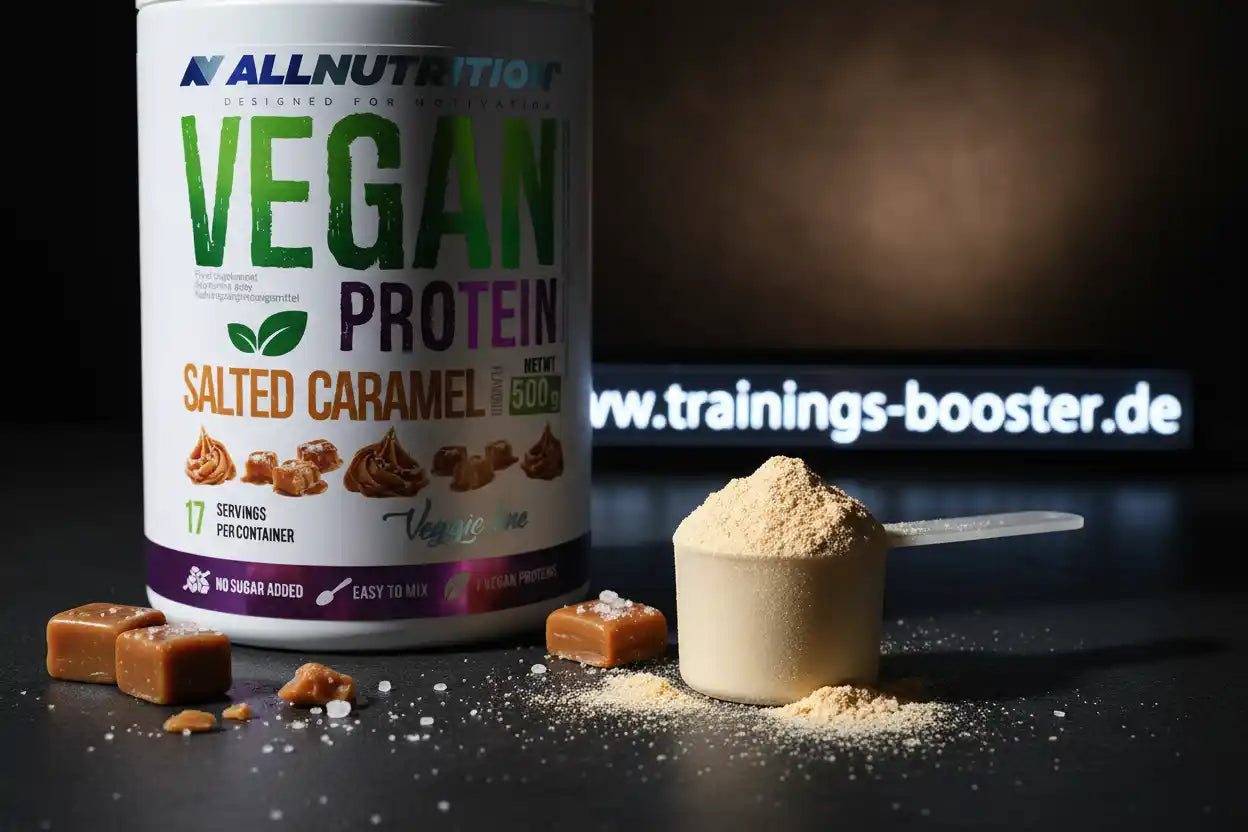 AllNutrition Vegan Protein Salted Caramel Pulver mit Löffel und Karamellstückchen