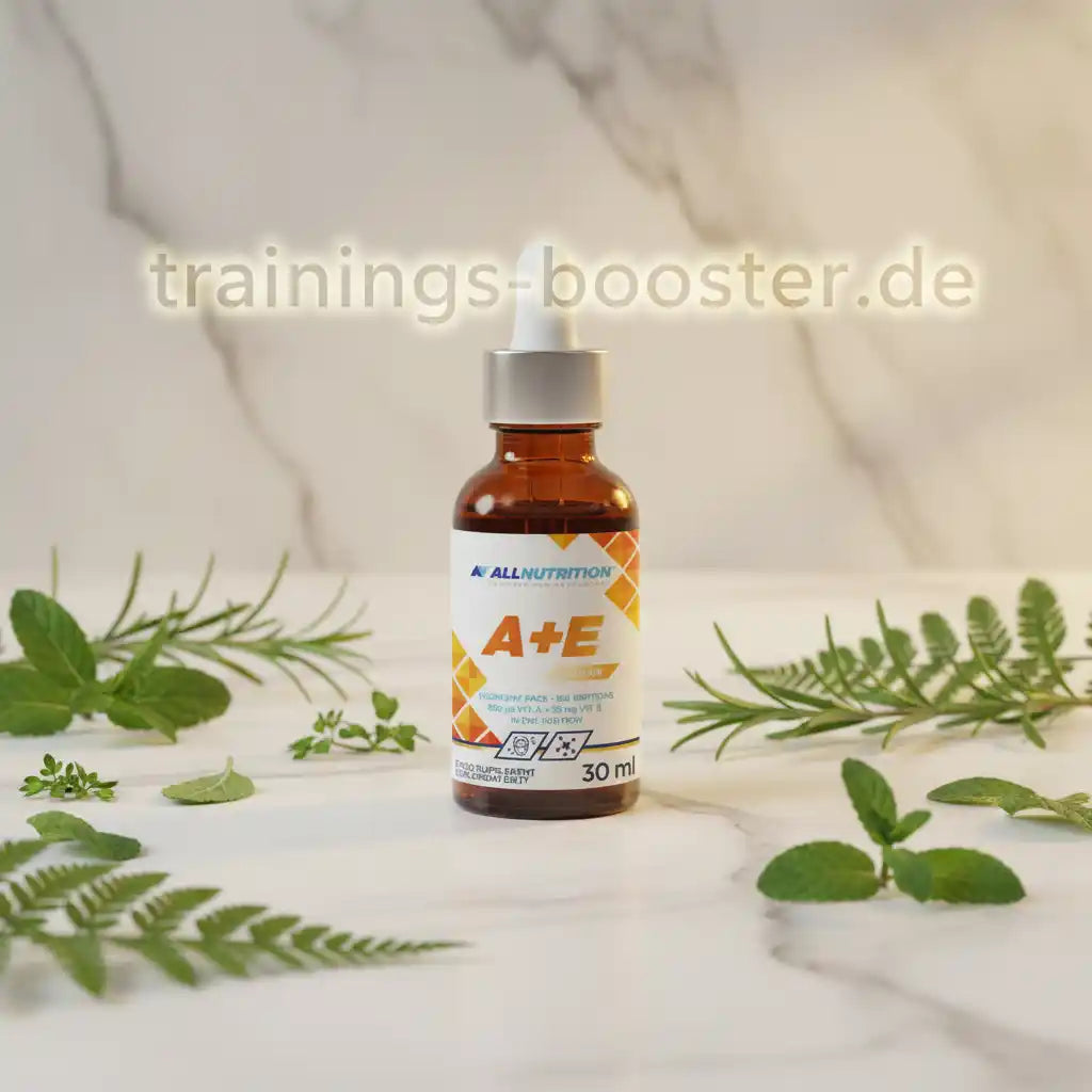 AllNutrition A+E Tropfen – 30 ml Vitamin A und E für Sportler, umgeben von frischen Kräutern auf Marmor