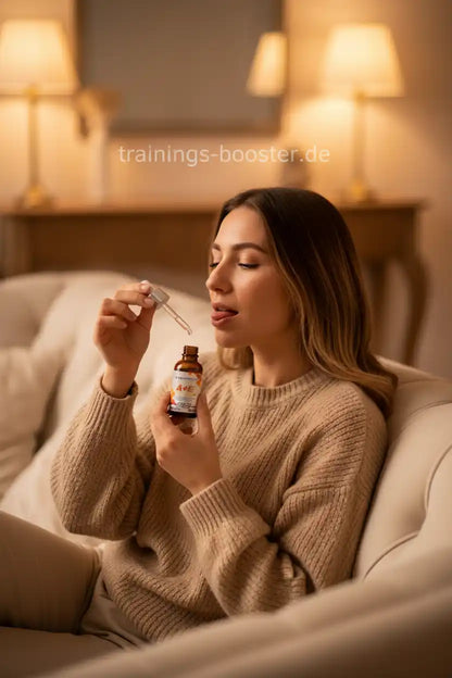 Frau nimmt Nahrungsergänzungsmittel mit Tropfenflasche ein – ideal für Sport und Training