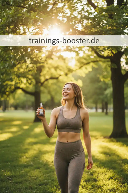 Frau mit Sportnahrung-Booster im Park, Sonnenlicht, Fitness-Lifestyle