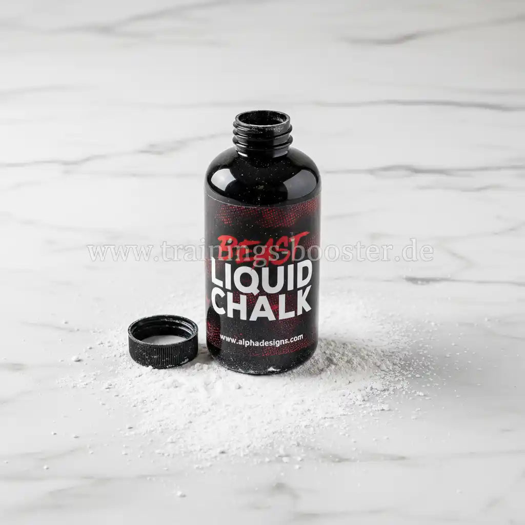 BEAST Liquid Chalk Flasche mit weißem Pulver auf Marmor, ideal für Fitness und Training