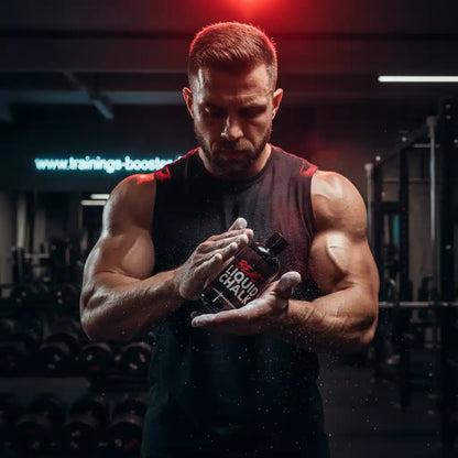 Muskulöser Mann mit Liquid Chalk in Fitnessstudio – ideal für Krafttraining und Grip
