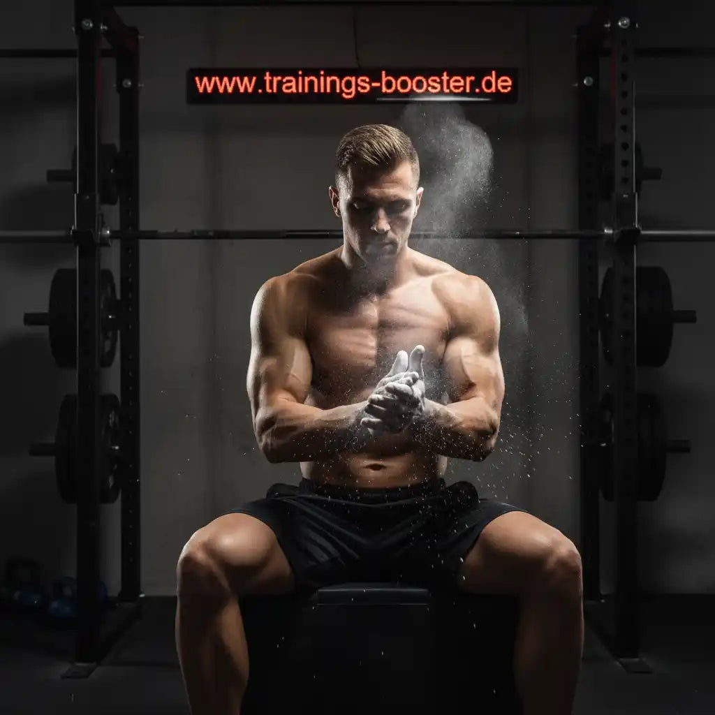 Muskulöser Athlet mit Magnesiumcarbonat in Fitnessstudio, bereit für Training mit Booster & Sportnahrung