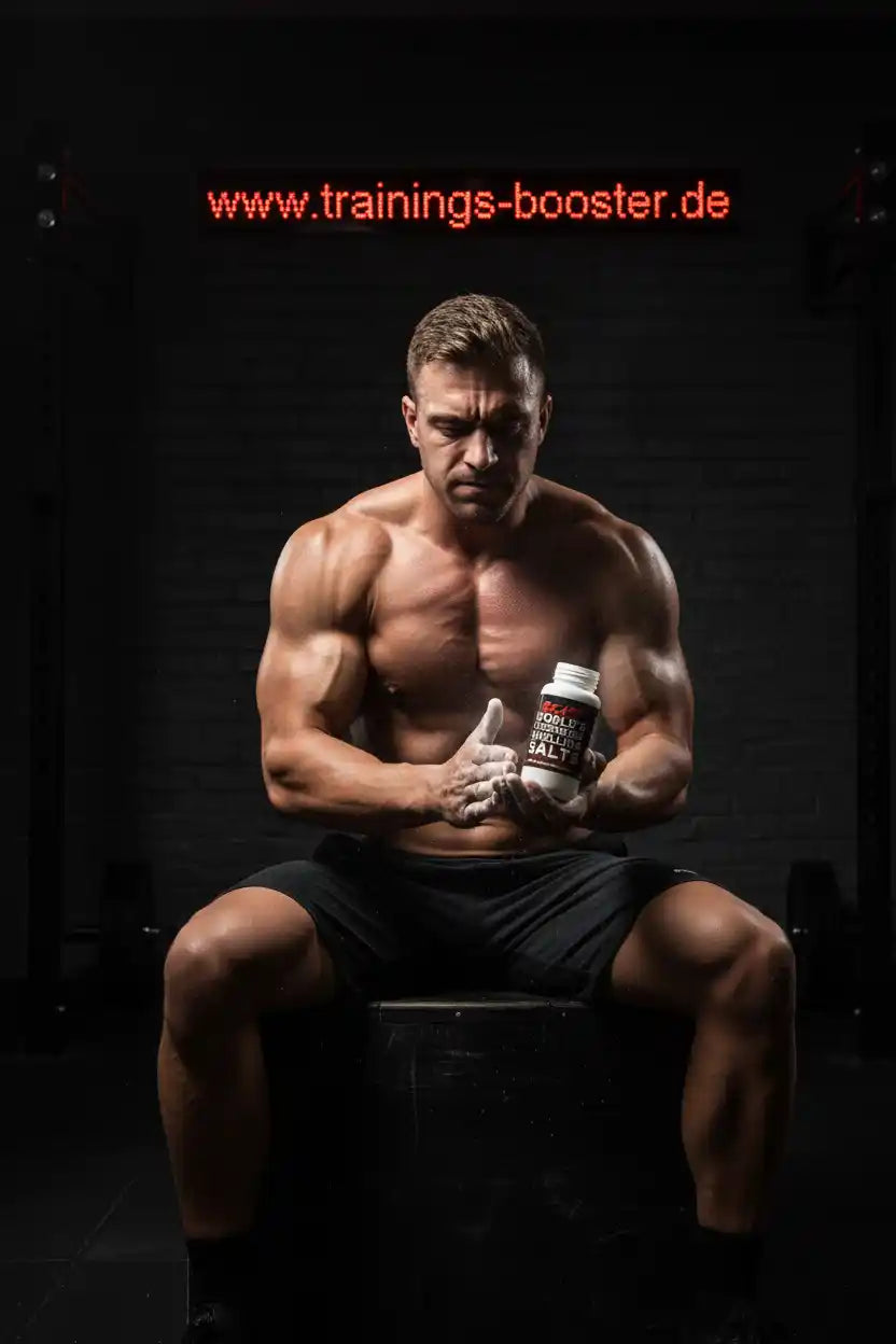 Muskulöser Mann mit Sportnahrung und Booster-Produkt im Fitnessstudio