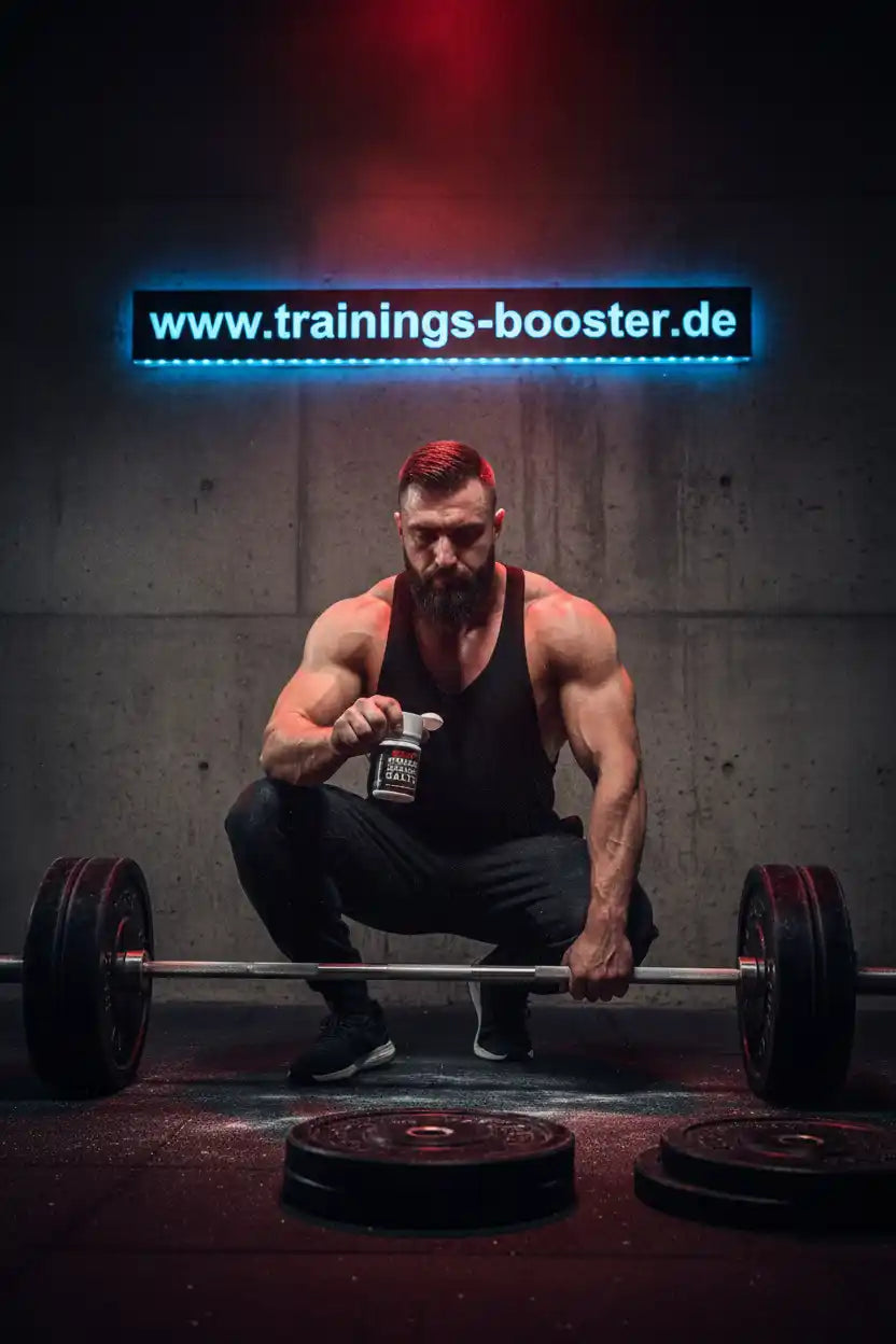 Muskulöser Athlet mit Trainings-Booster vor Barbell im Fitnessstudio