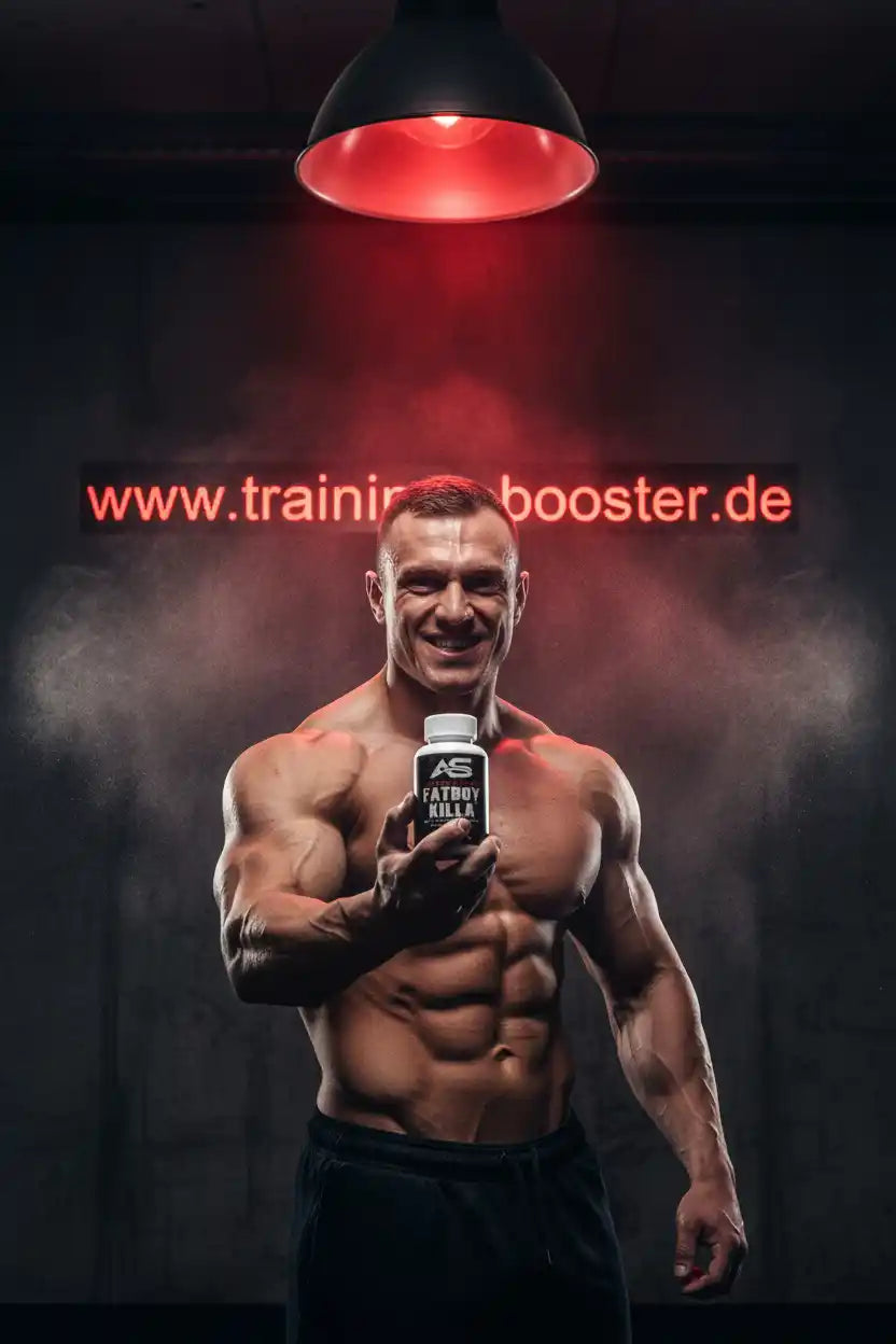Muskulöser Mann hält Fatburner-Booster-Flasche vor rotem Licht, ideal für Fitness & Training