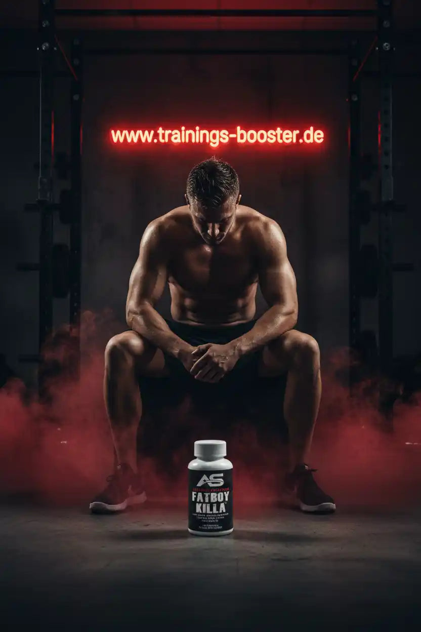 Muskulöser Mann im Fitnessstudio mit Fatburner-Booster vor rotem Neonlicht