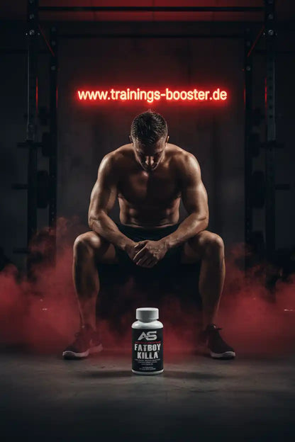 Muskulöser Mann im Fitnessstudio mit Fatburner-Booster vor rotem Neonlicht