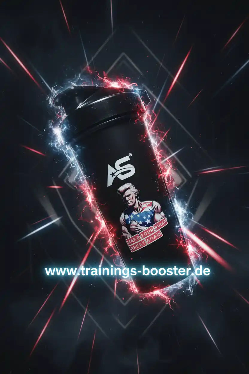 Schwarzer Shaker mit AS-Logo und Muskelmann, umgeben von Energieeffekten – ideal für Sportnahrung und Booster