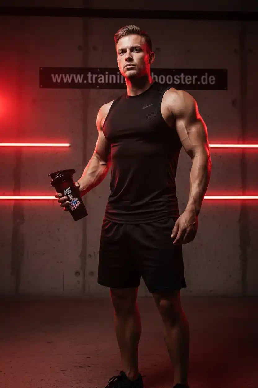 Muskulöser Mann mit Shaker für Sportnahrung und Booster vor roter Beleuchtung