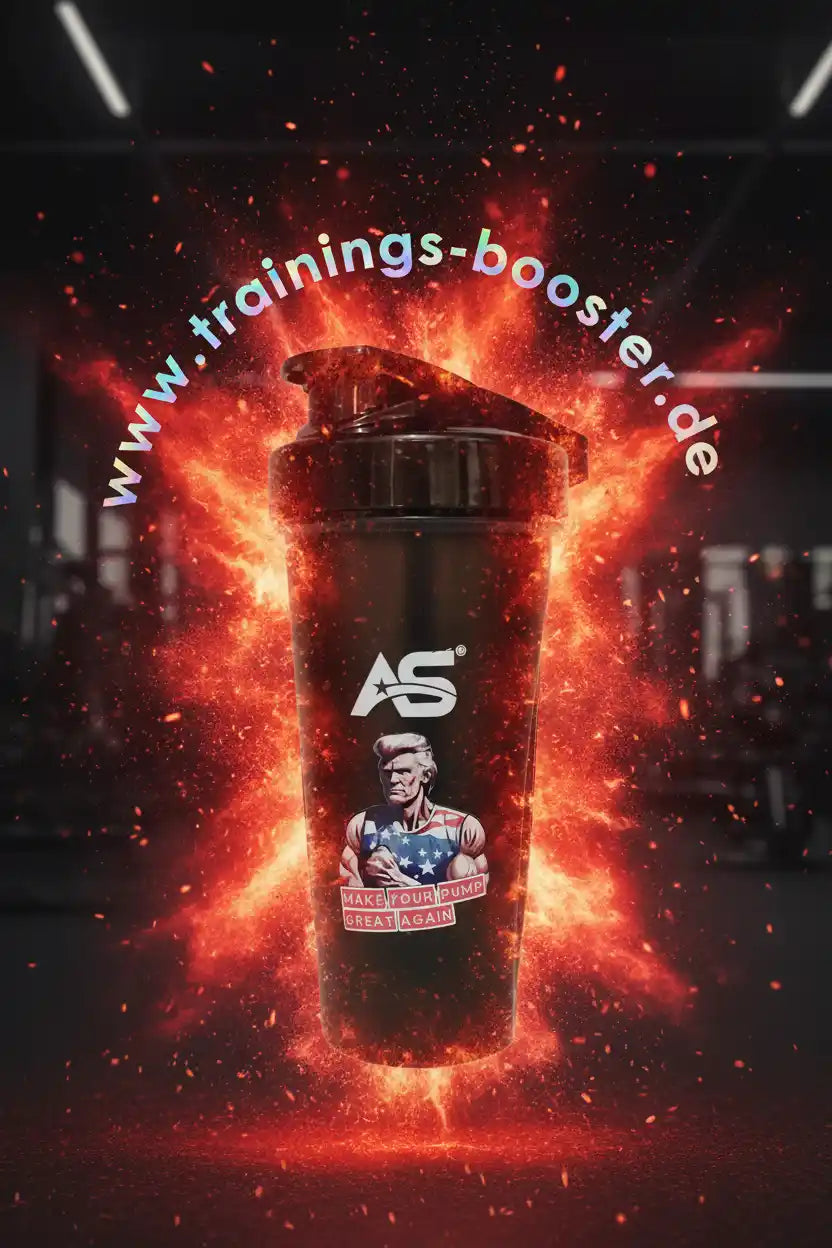 AS Shaker mit 'Make Your Pump Great Again' Aufdruck, umgeben von Feuer-Effekt im Fitness-Studio