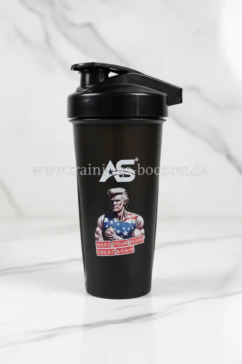 Schwarzer Shaker mit AS-Logo und Muskelmann-Design für Sportnahrung und Booster