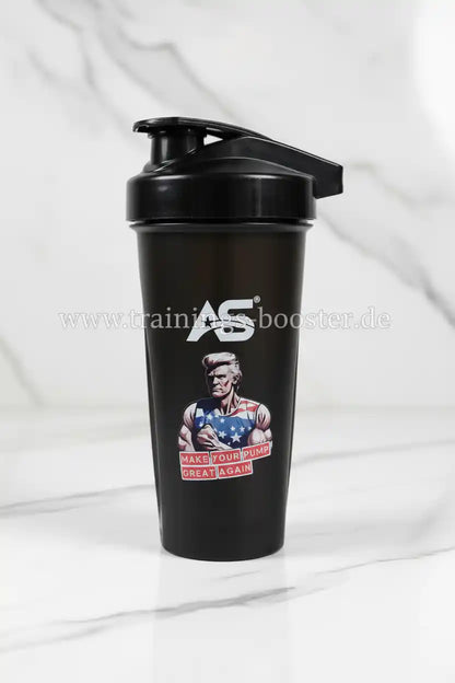 Schwarzer Shaker mit AS-Logo und Muskelmann-Design für Sportnahrung und Booster