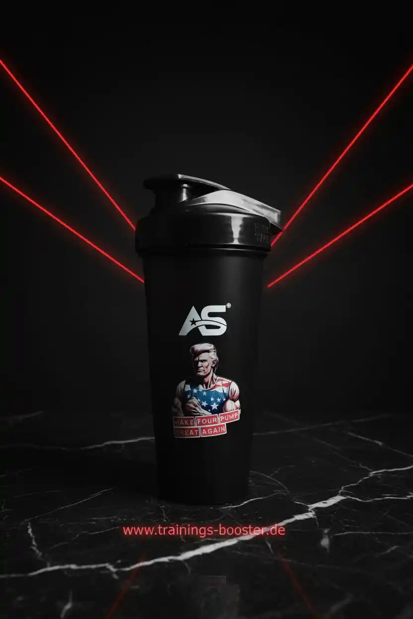 Schwarzer Shaker mit AS-Logo und Muskelmann-Design für Sportnahrung und Booster