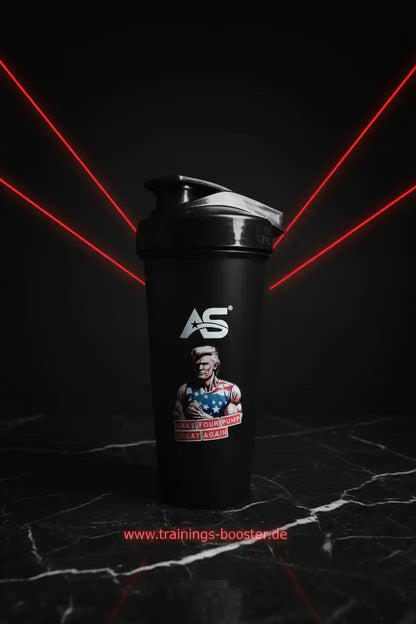 Schwarzer Shaker mit AS-Logo und Muskelmann-Design für Sportnahrung und Booster
