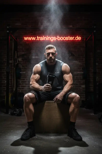 Muskulöser Athlet mit Shaker im Fitnessstudio, Neon-Schild www.trainings-booster.de im Hintergrund