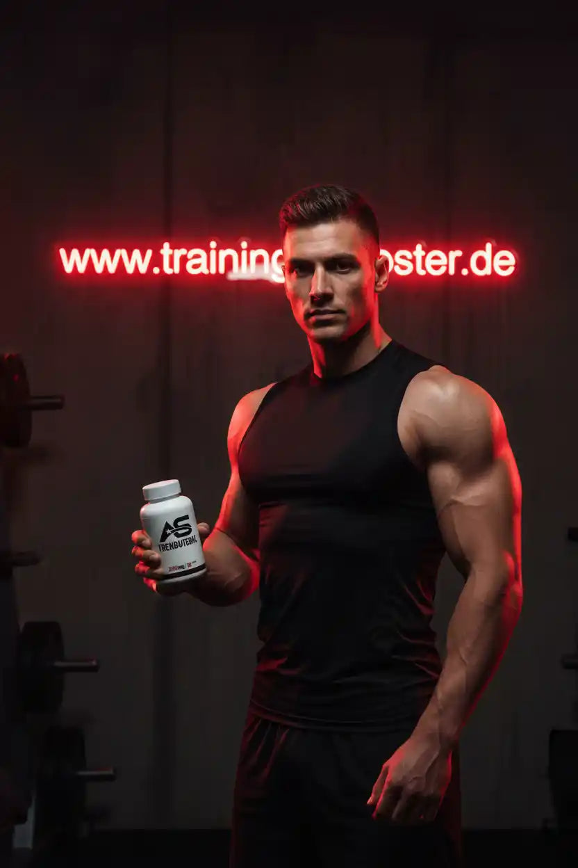 Muskulöser Mann mit Nahrungsergänzungsmittel-Flasche vor rotem Neonlicht im Fitnessstudio