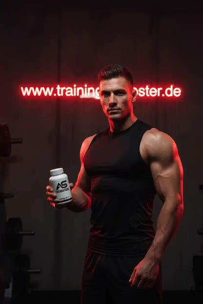 Muskulöser Mann mit Nahrungsergänzungsmittel-Flasche vor rotem Neonlicht im Fitnessstudio
