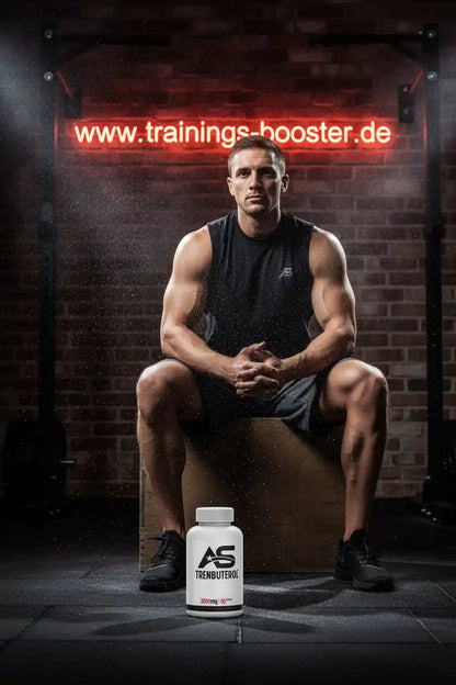 Muskulöser Mann im Fitnessstudio mit Trenbuterol-Booster vor rotem Neon-Schild