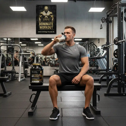 Muskulöser Mann trinkt Proteinshake im Fitnessstudio neben Anabolic Soy Whey Dose.