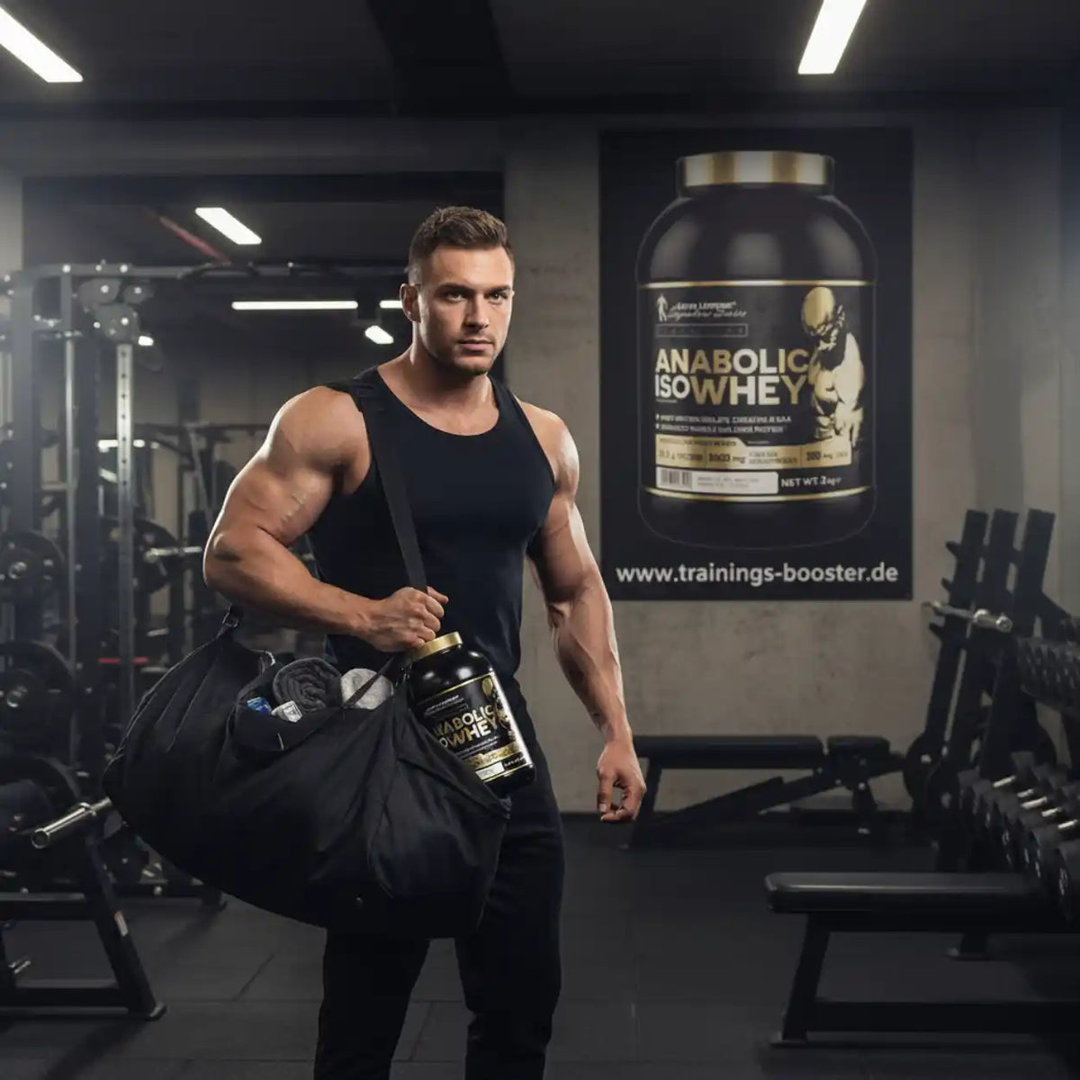 Muskulöser Mann mit Sporttasche und Anabolic Isowhey Protein in einem Fitnessstudio