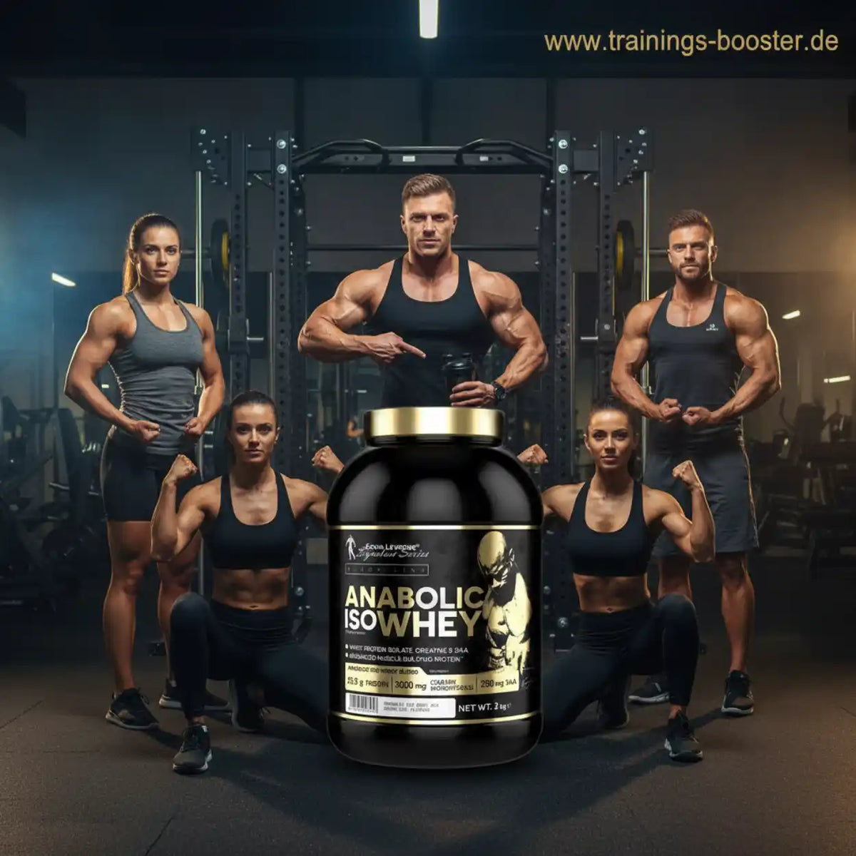 Anabolic IsoWhey Proteinpulver-Dose im Fitnessstudio mit muskulösen Athleten im Hintergrund.